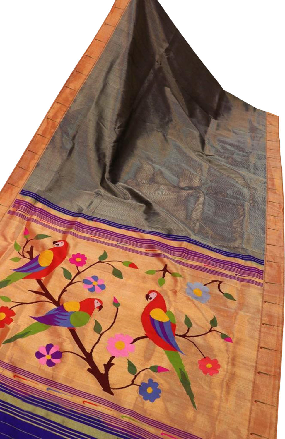Grey Paithani Handloom Pure Silk Parrot Design Single Muniya Border Saree
