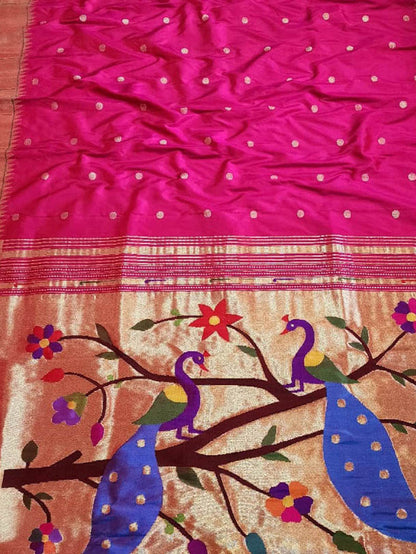 Pink Paithani Handloom Pure Silk Muniya Border Saree - Luxurion World