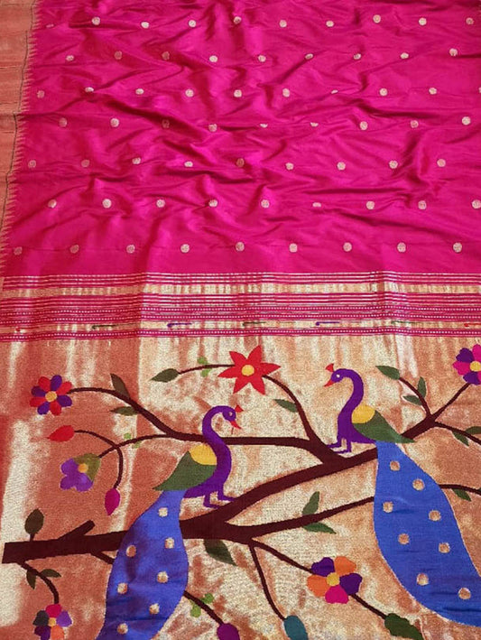 Pink Paithani Handloom Pure Silk Muniya Border Saree - Luxurion World