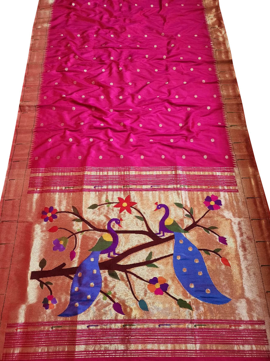 Pink Paithani Handloom Pure Silk Muniya Border Saree - Luxurion World