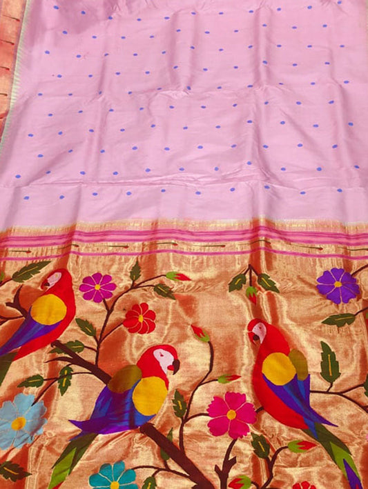 Pink Paithani Handloom Pure Silk Muniya Border Saree - Luxurion World