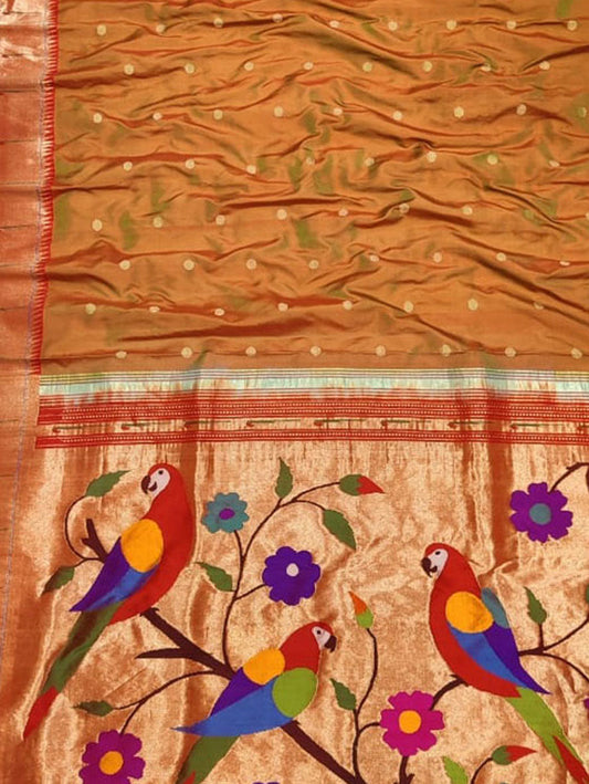 Brown Paithani Handloom Pure Silk Muniya Border Saree - Luxurion World