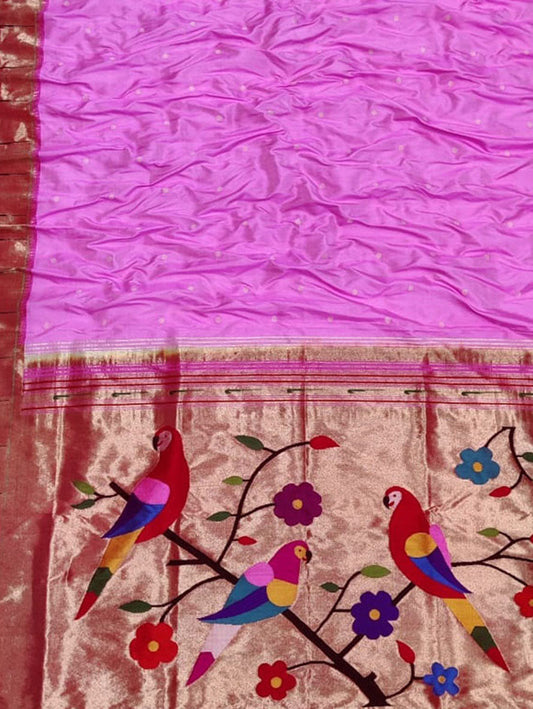 Pink Paithani Handloom Pure Silk Muniya Border Saree - Luxurion World