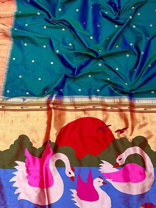 Blue And Green Paithani Handloom Pure Silk Muniya Border Saree - Luxurion World