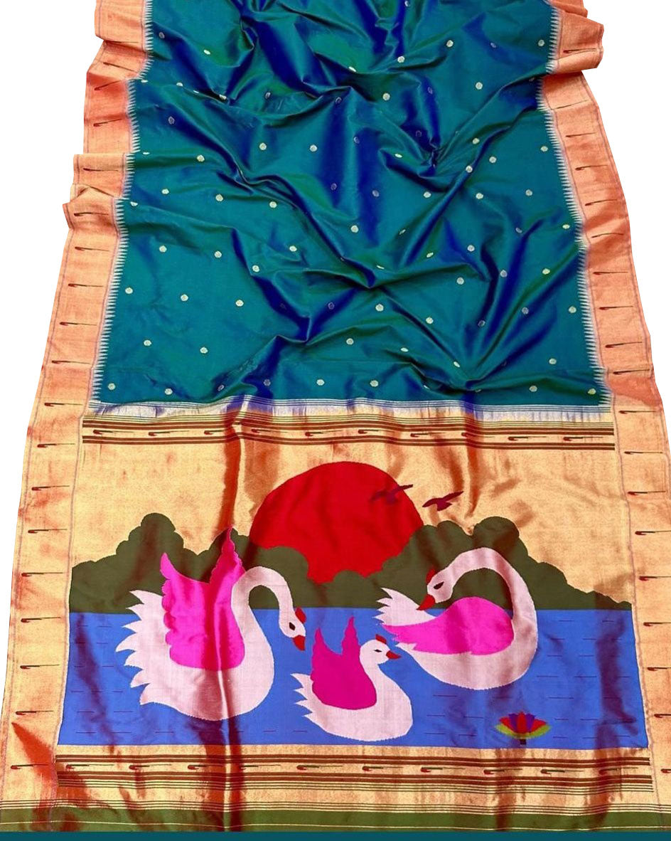 Blue And Green Paithani Handloom Pure Silk Muniya Border Saree - Luxurion World