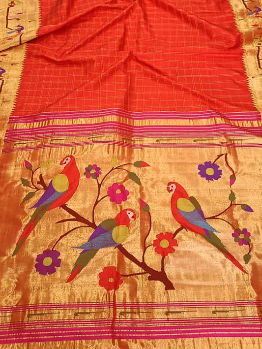 Orange Paithani Handloom Pure Silk Saree - Luxurion World