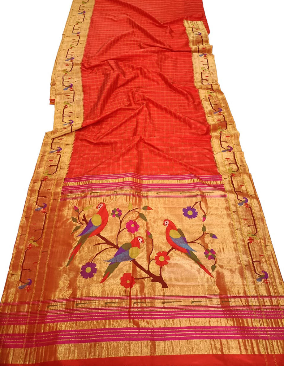 Orange Paithani Handloom Pure Silk Saree
