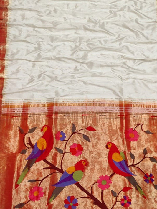 Off White Paithani Handloom Pure Silk Parrot Design Muniya Border Saree