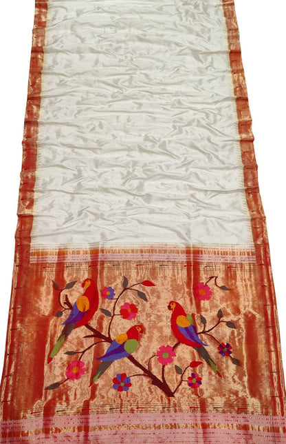 Off White Paithani Handloom Pure Silk Parrot Design Muniya Border Saree - Luxurion World