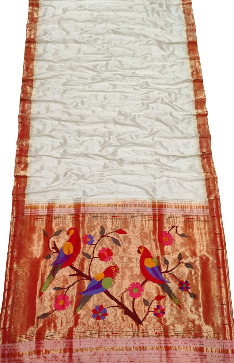 Off White Paithani Handloom Pure Silk Parrot Design Muniya Border Saree - Luxurion World