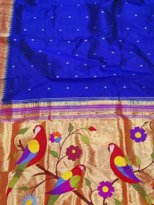 Blue Paithani Handloom Pure Silk Parrot  Design Muniya Border Saree - Luxurion World