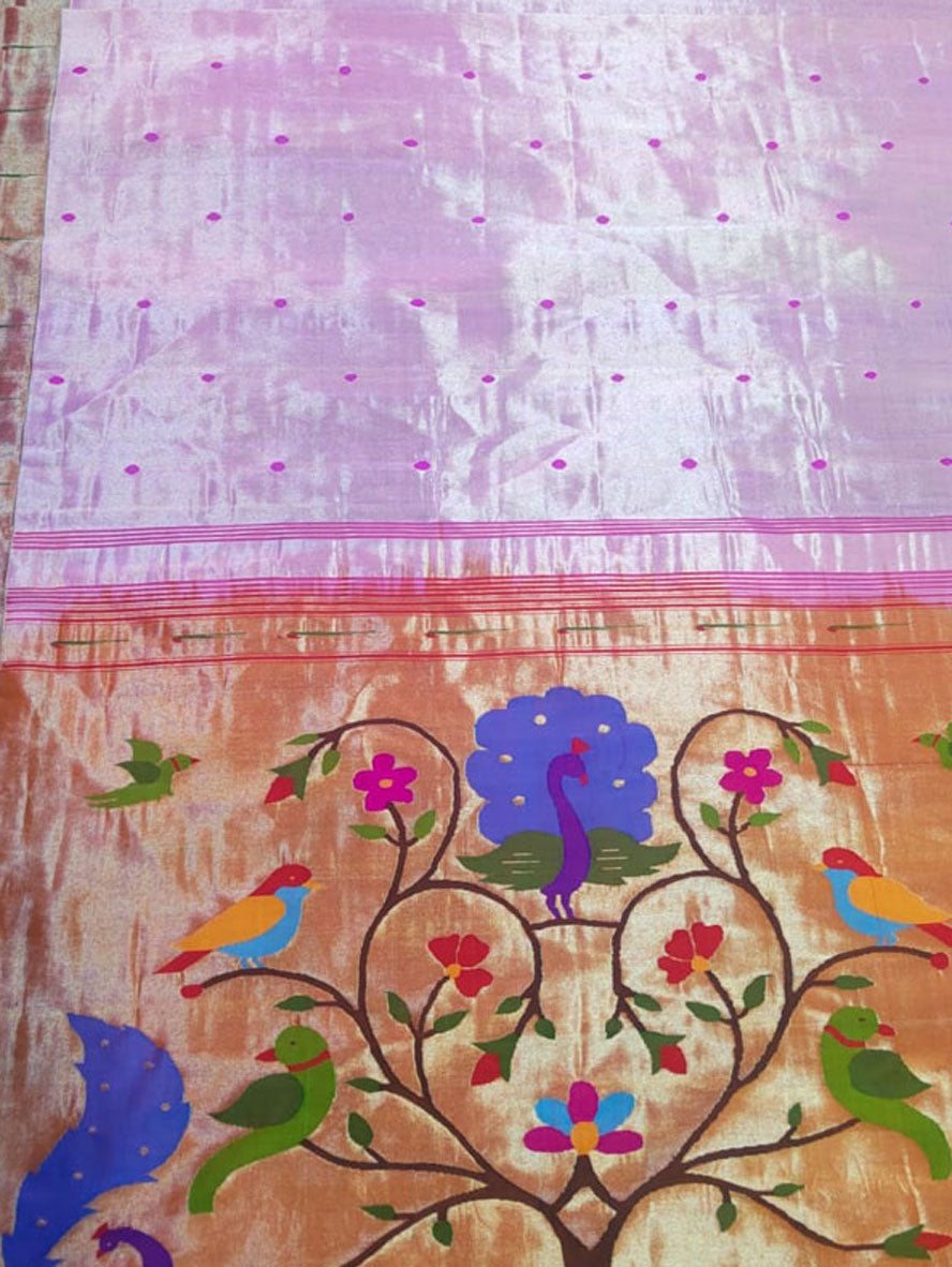 Pink Paithani Handloom Pure Silk Peacock & Parrot Design Muniya Border Saree