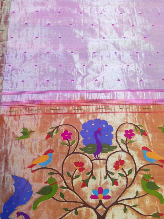 Pink Paithani Handloom Pure Silk Peacock & Parrot Design Muniya Border Saree - Luxurion World