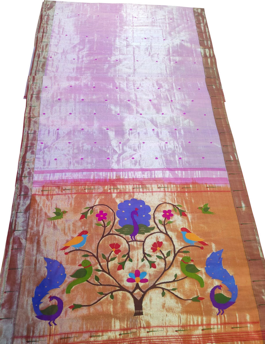 Pink Paithani Handloom Pure Silk Peacock & Parrot Design Muniya Border Saree - Luxurion World