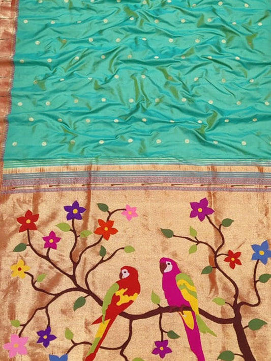 Green Paithani Handloom Pure Silk Parrot Design Muniya Border Saree - Luxurion World