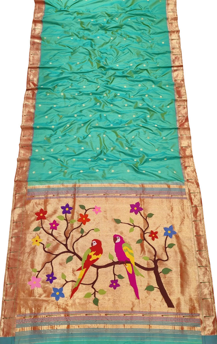 Green Paithani Handloom Pure Silk Parrot Design Muniya Border Saree - Luxurion World