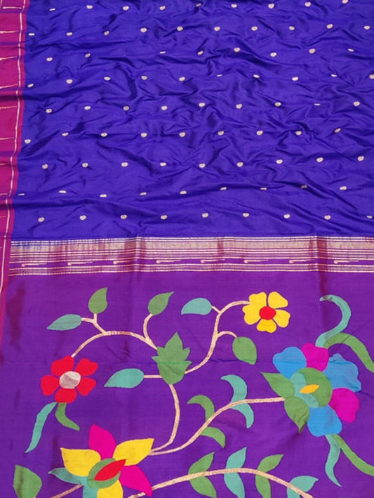 Blue Paithani Handloom Pure Silk Flower Design Muniya Border Saree - Luxurion World