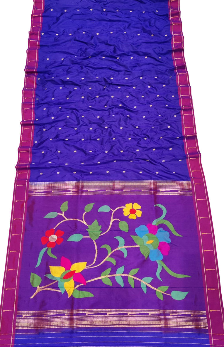 Blue Paithani Handloom Pure Silk Flower Design Muniya Border Saree - Luxurion World