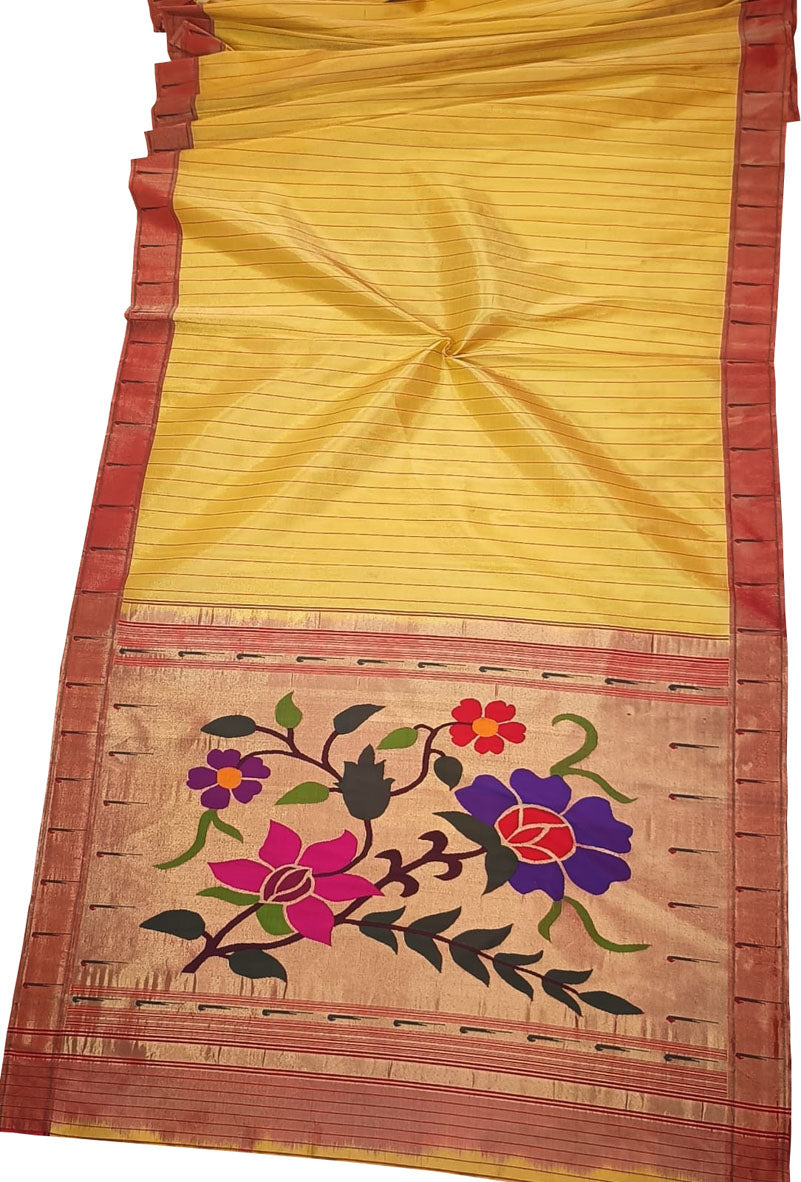 Yellow Paithani Handloom Pure Silk Flower Design Muniya Border Saree