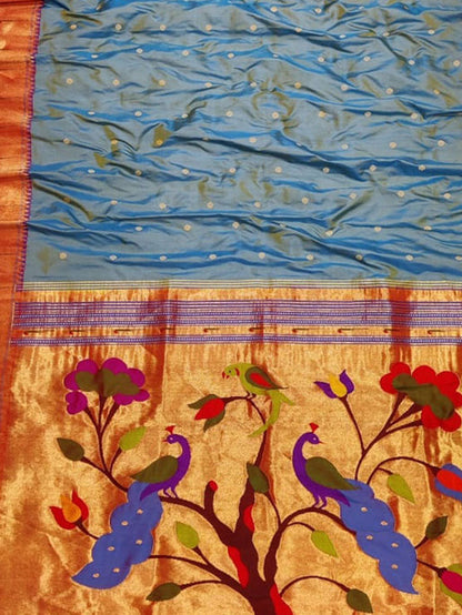 Purple And Blue Shot Paithani Handloom Pure Silk Peacock Design Muniya Border Saree