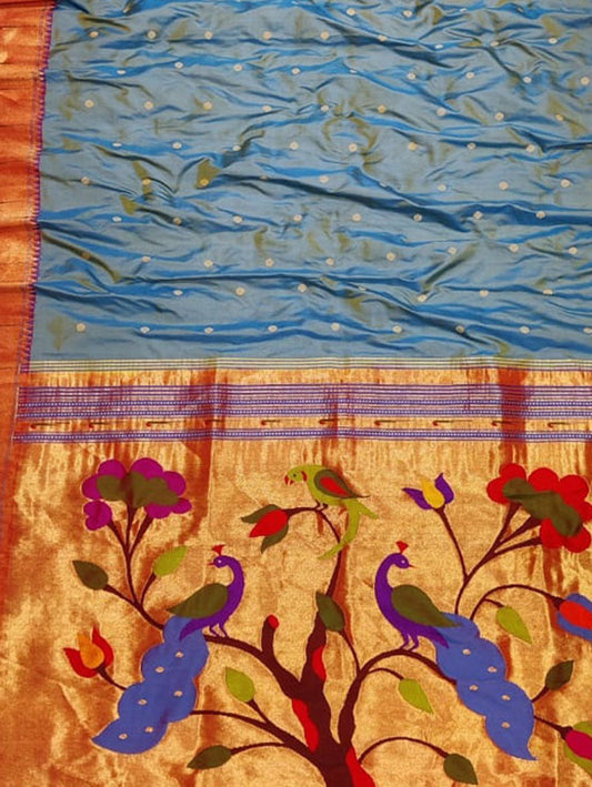 Purple And Blue Shot Paithani Handloom Pure Silk Peacock Design Muniya Border Saree - Luxurion World