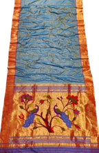 Purple And Blue Shot Paithani Handloom Pure Silk Peacock Design Muniya Border Saree - Luxurion World