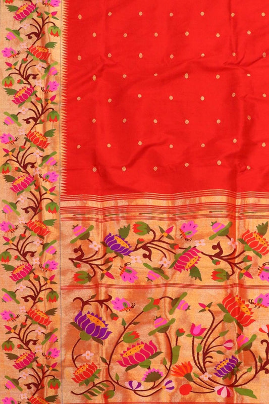 Red Paithani Handloom Pure Silk Heavy Floral Border Saree - Luxurion World