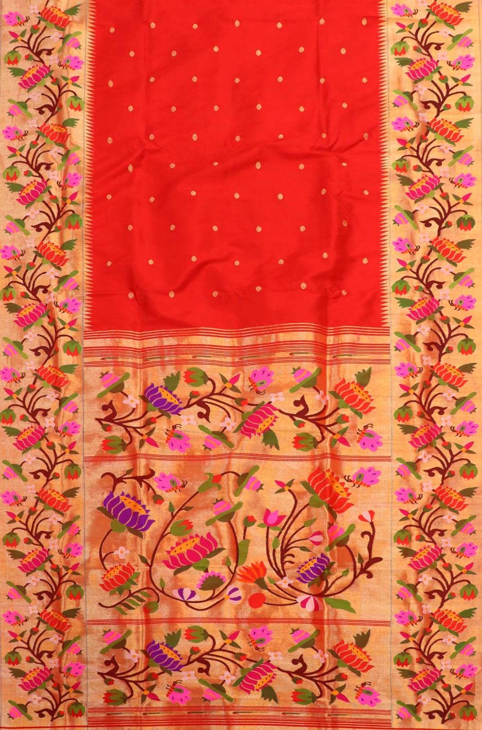 Red Paithani Handloom Pure Silk Heavy Floral Border Saree - Luxurion World