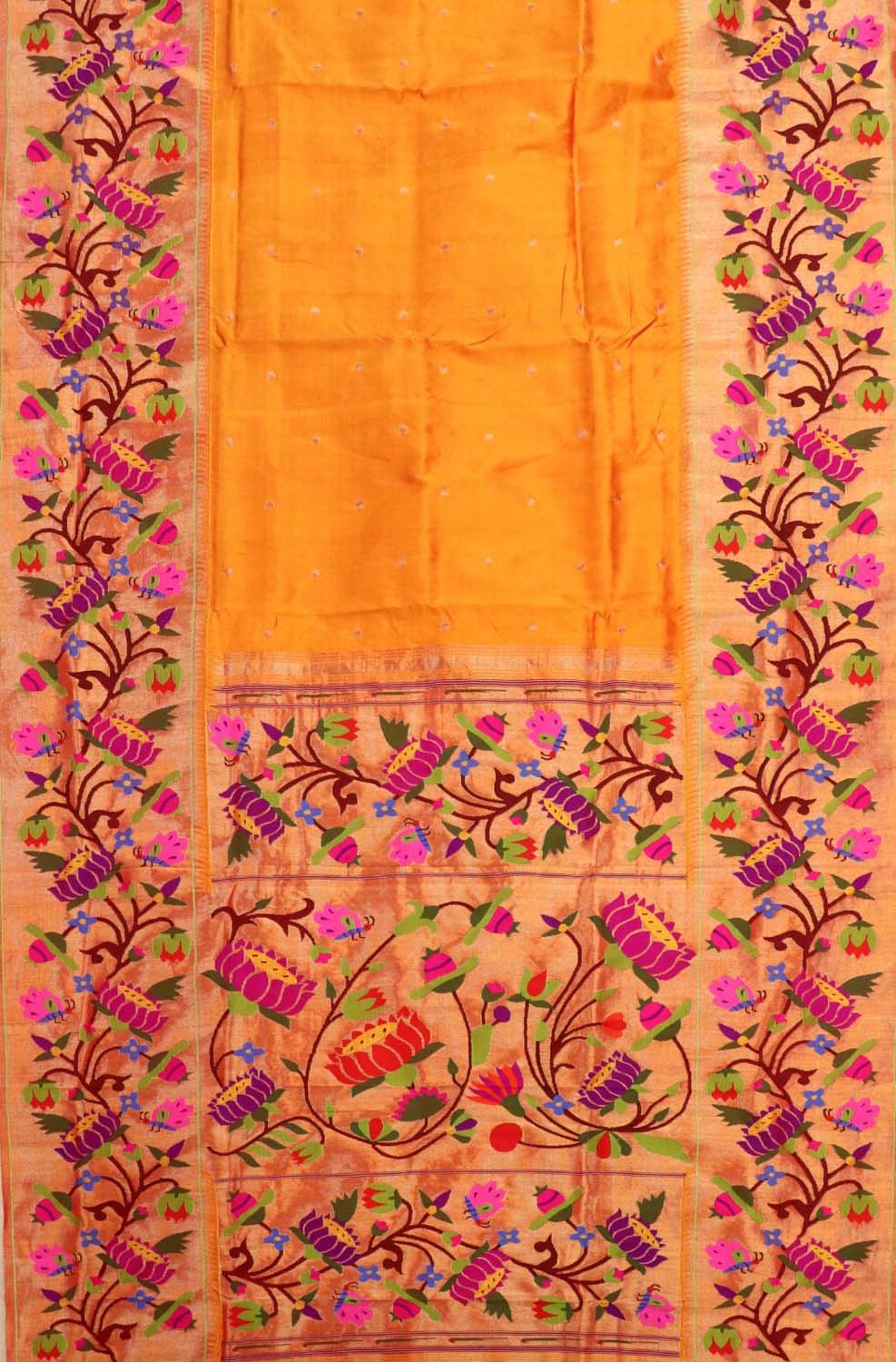 Yellow Paithani Handloom Pure Silk Heavy Floral Border Saree - Luxurion World
