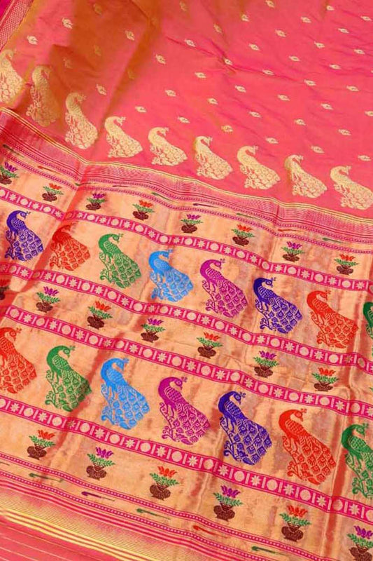 Pink Paithani Peacock Design Pure Silk Saree - Luxurion World