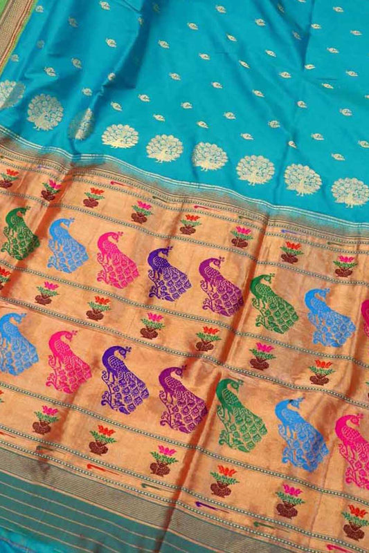 Blue Paithani Peacock Design Pure Silk Saree - Luxurion World