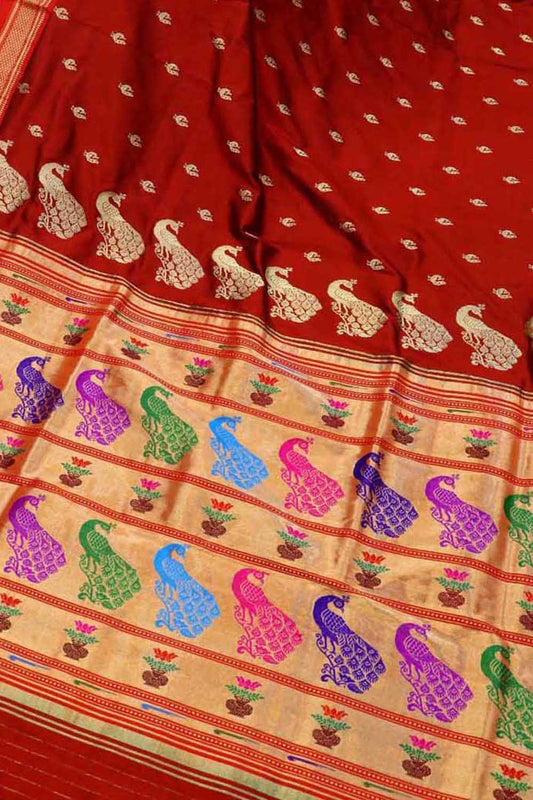 Red Paithani Peacock Design Pure Silk Saree - Luxurion World