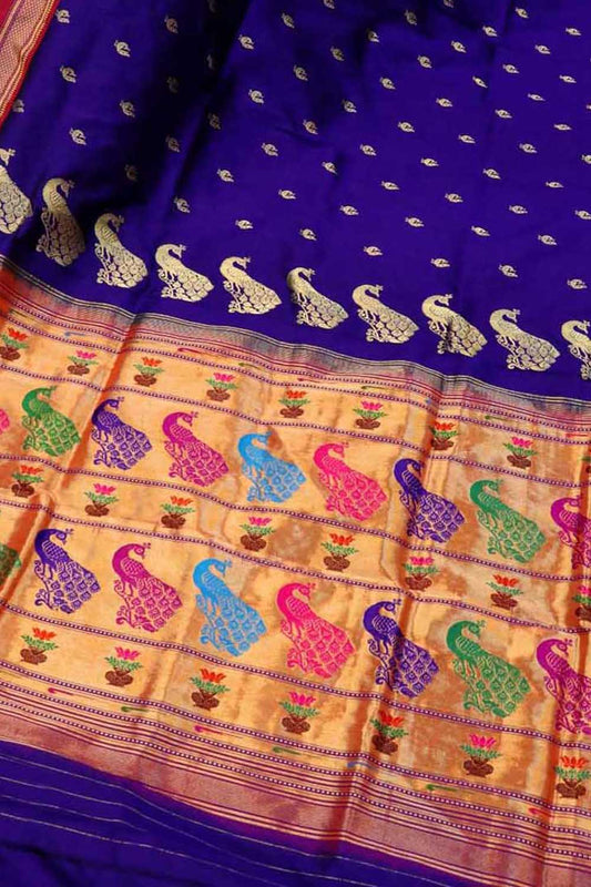 Blue Paithani Peacock Design Pure Silk Saree - Luxurion World