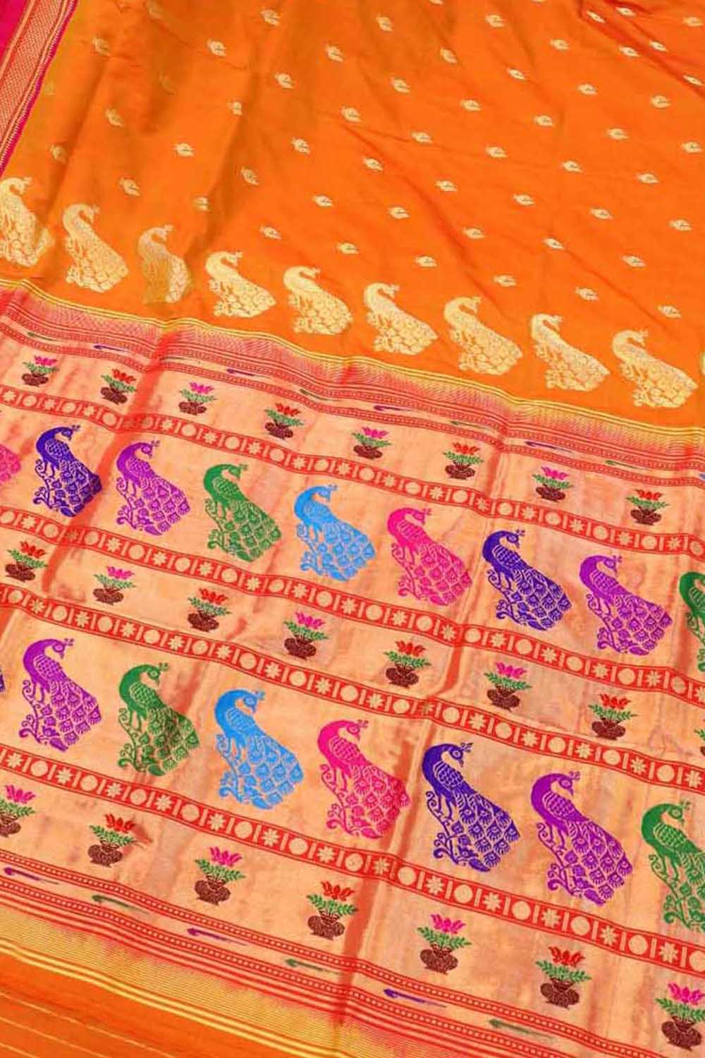 Orange Paithani Peacock Design Pure Silk Saree