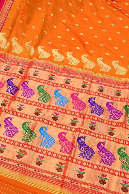 Orange Paithani Peacock Design Pure Silk Saree