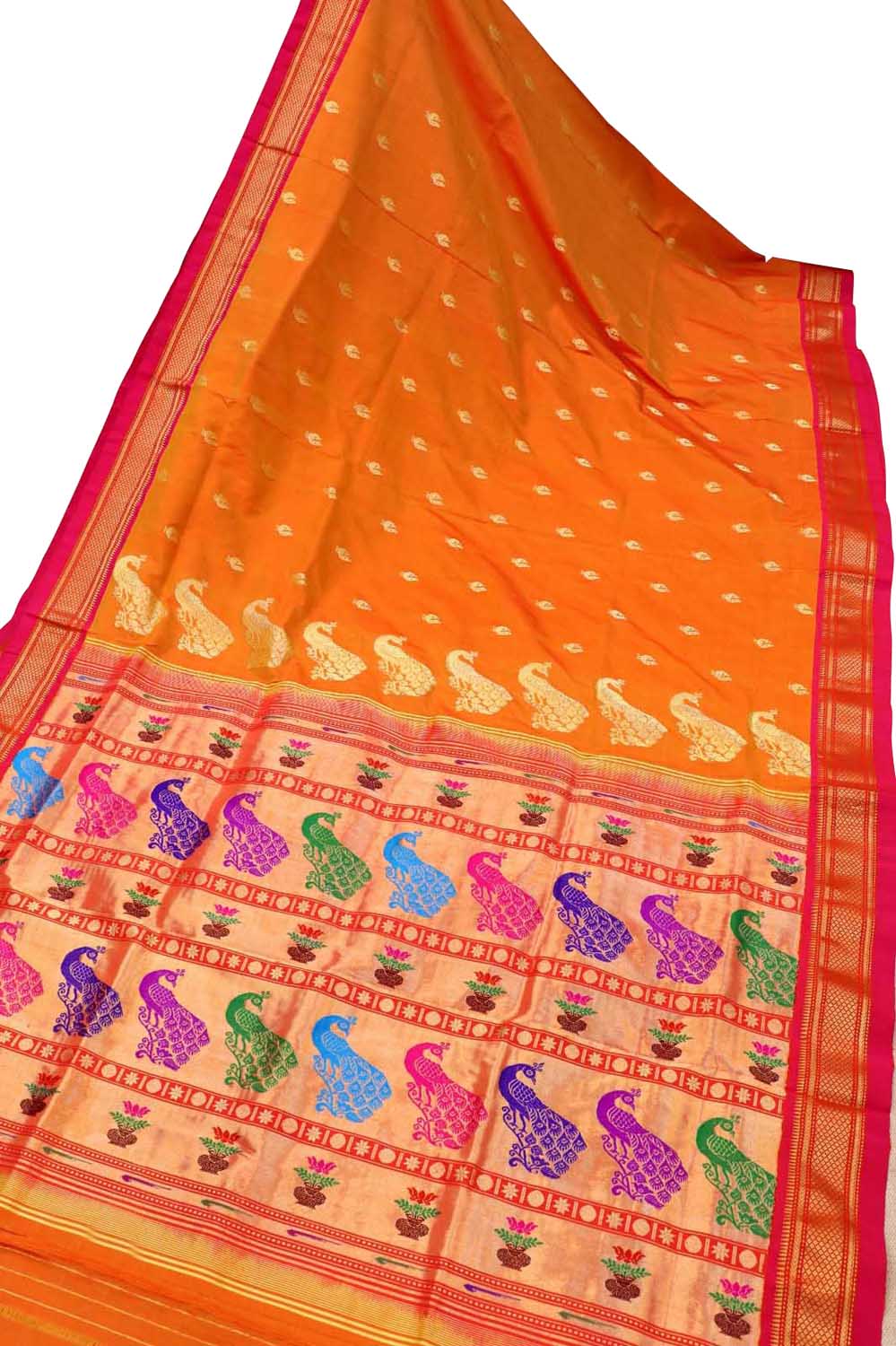 Orange Paithani Peacock Design Pure Silk Saree - Luxurion World