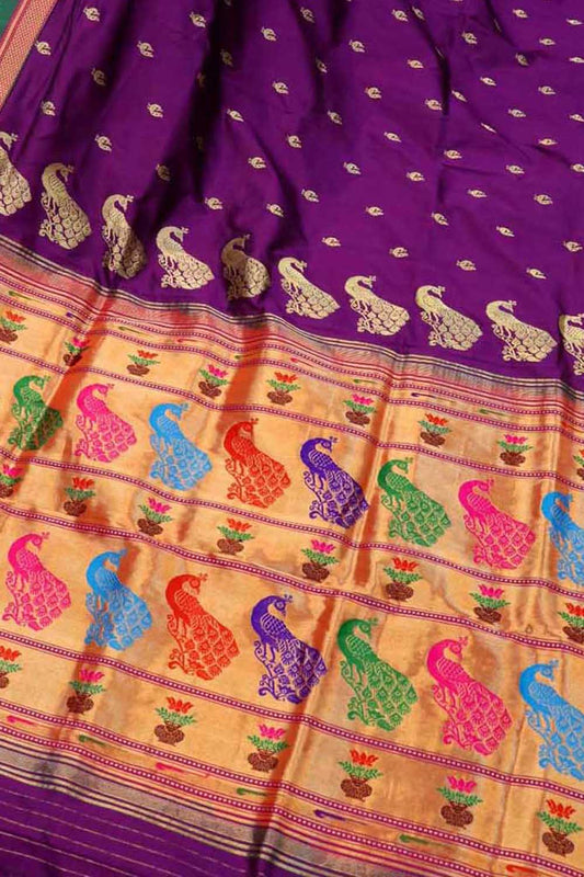 Purple Paithani Peacock Design Pure Silk Saree - Luxurion World