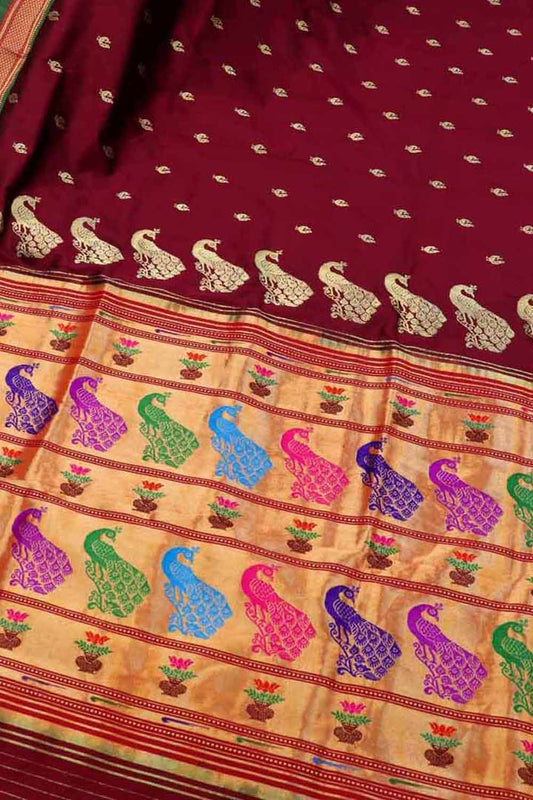 Maroon Paithani Peacock Design Pure Silk Saree - Luxurion World