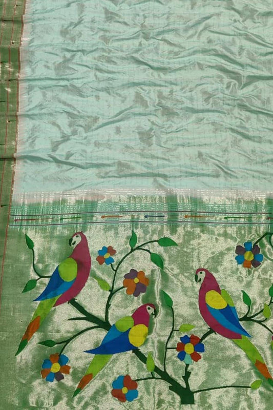 Green Paithani Handloom Pure Silk Muniya Border Flower And Parrot Design Saree - Luxurion World