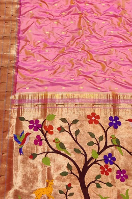 Pink Shot Paithani Handloom Pure Silk Muniya Border Flower And Bird Design Saree