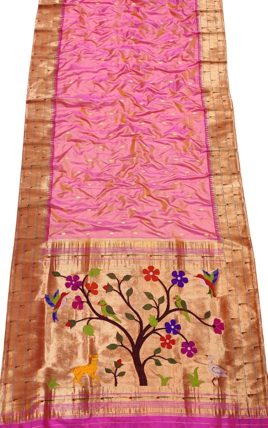 Pink Shot Paithani Handloom Pure Silk Muniya Border Flower And Bird Design Saree - Luxurion World