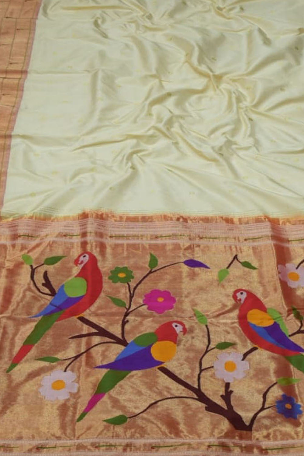 Pastel Paithani Handloom Pure Silk Muniya Border Flower And Parrot Design Saree - Luxurion World