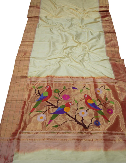 Pastel Paithani Handloom Pure Silk Muniya Border Flower And Parrot Design Saree - Luxurion World