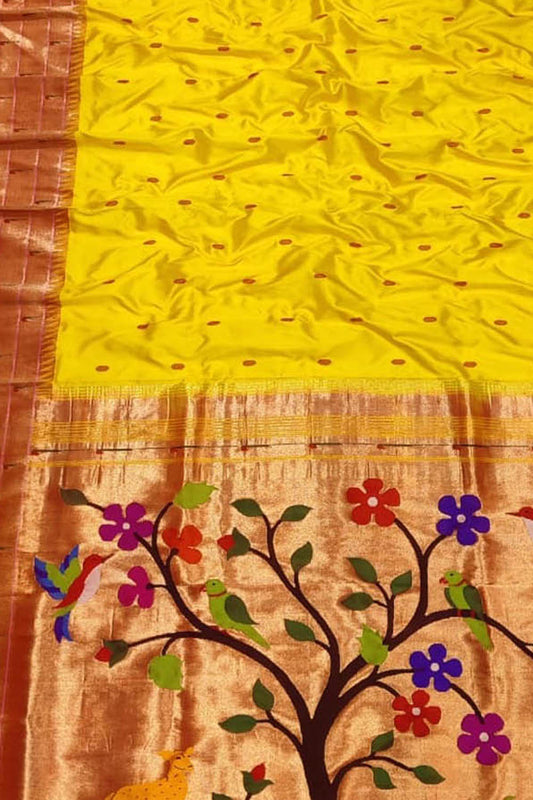 Yellow Paithani Handloom Pure Silk Muniya Border Flower And Bird Design Saree - Luxurion World