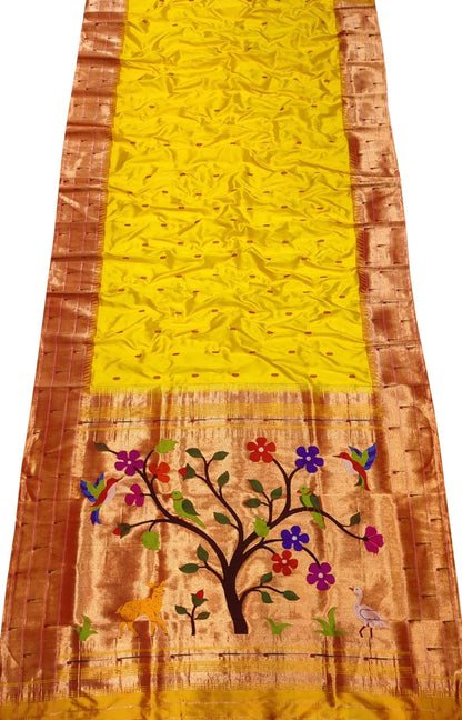 Yellow Paithani Handloom Pure Silk Muniya Border Flower And Bird Design Saree