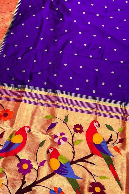 Purple Paithani Handloom Pure Silk Muniya Border Flower And Parrot Design Saree - Luxurion World