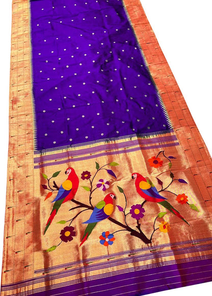 Purple Paithani Handloom Pure Silk Muniya Border Flower And Parrot Design Saree