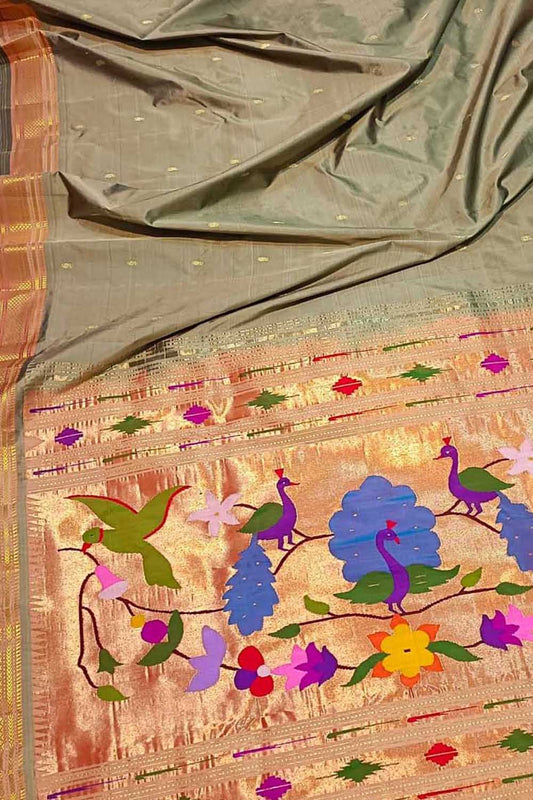 Grey Paithani Handloom Pure Silk Saree - Luxurion World