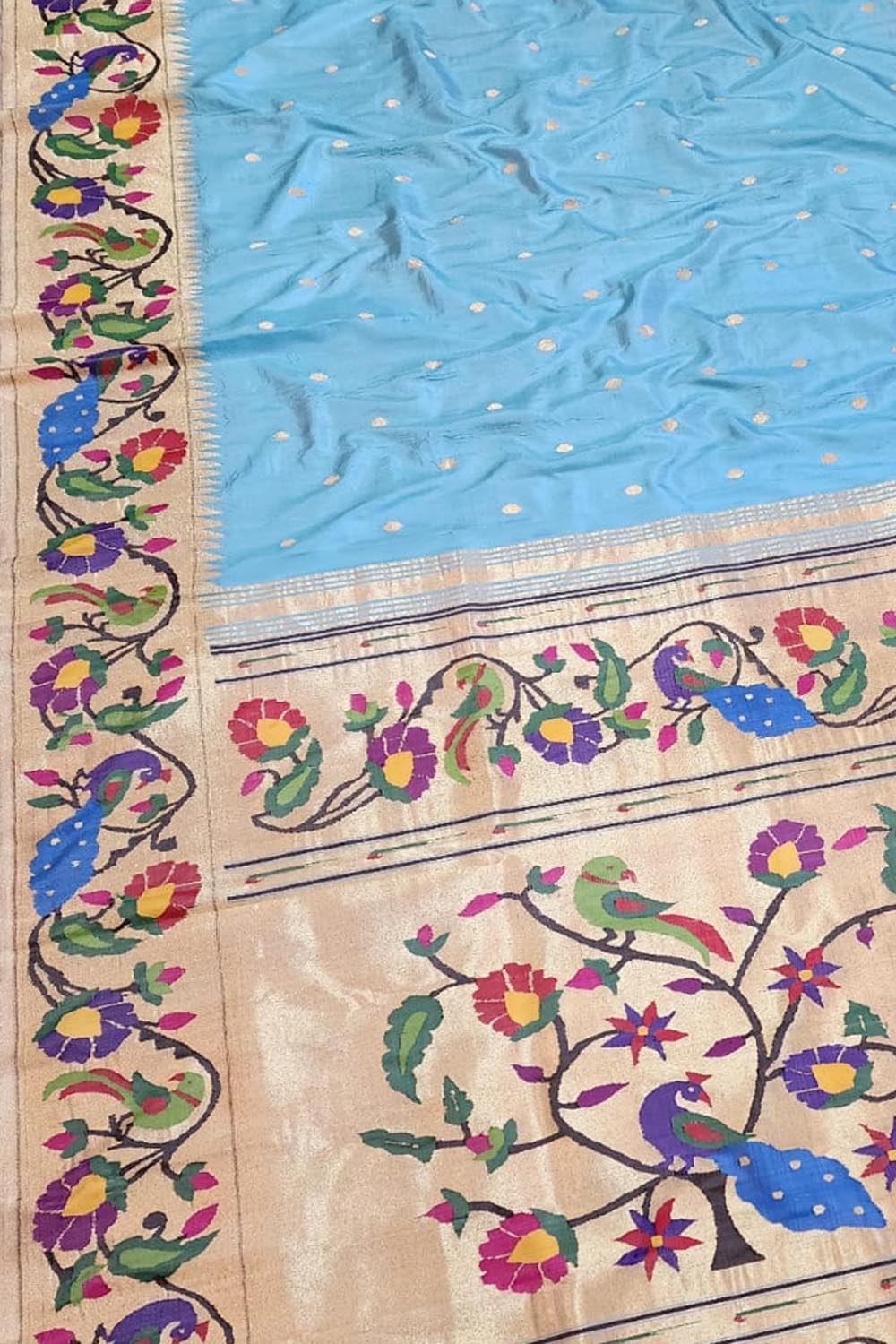 Blue Paithani Handloom Pure Silk Peacock And Parrot Design Saree - Luxurion World
