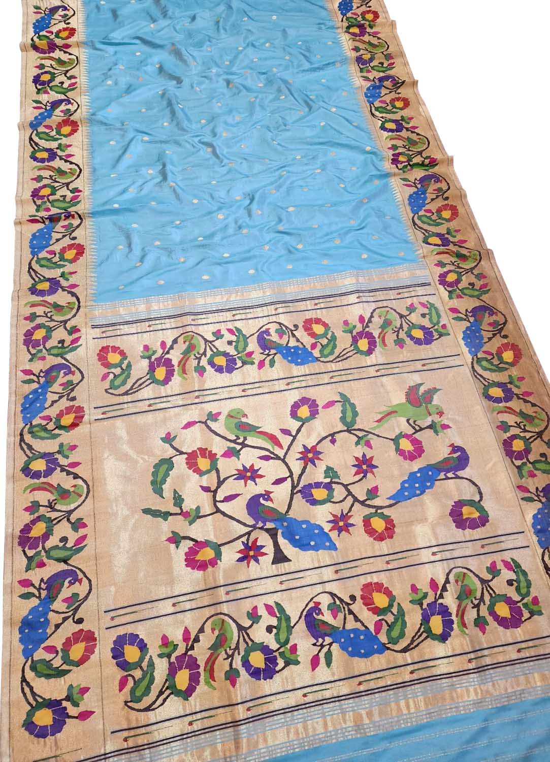 Blue Paithani Handloom Pure Silk Peacock And Parrot Design Saree - Luxurion World